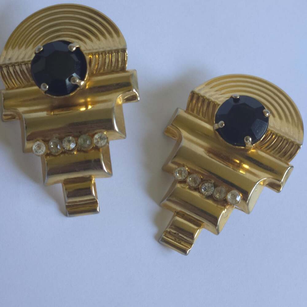 Vintage 1980s Artβ Deco Revival Clip On Earrings Gold Tone Black Rhinestone - Picture 6 of 8